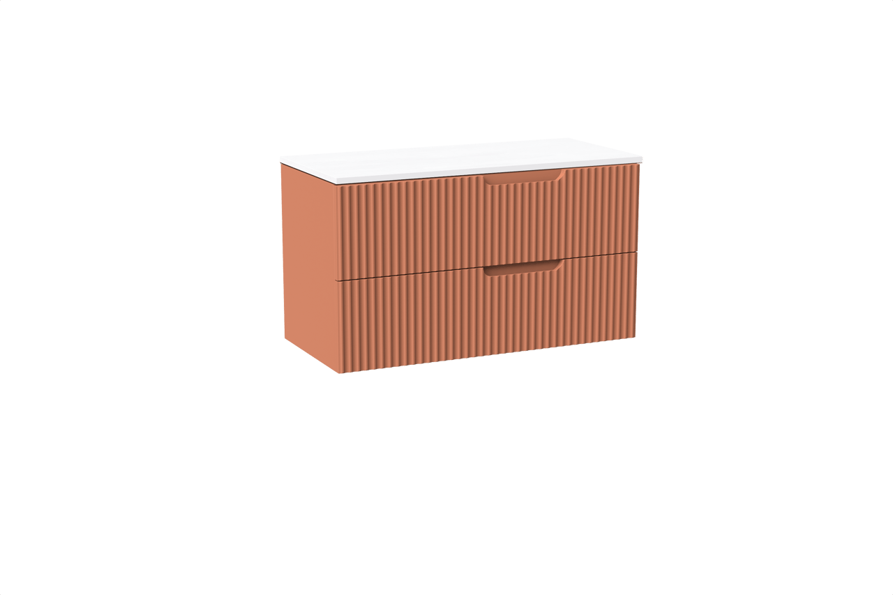 Linie Ribbo meuble salle de bains suspendu 100 x 46 cm cotto avec Lado tablette simple ou double en marbre composite blanc brillant, Nervure circulaire symétrique verticale