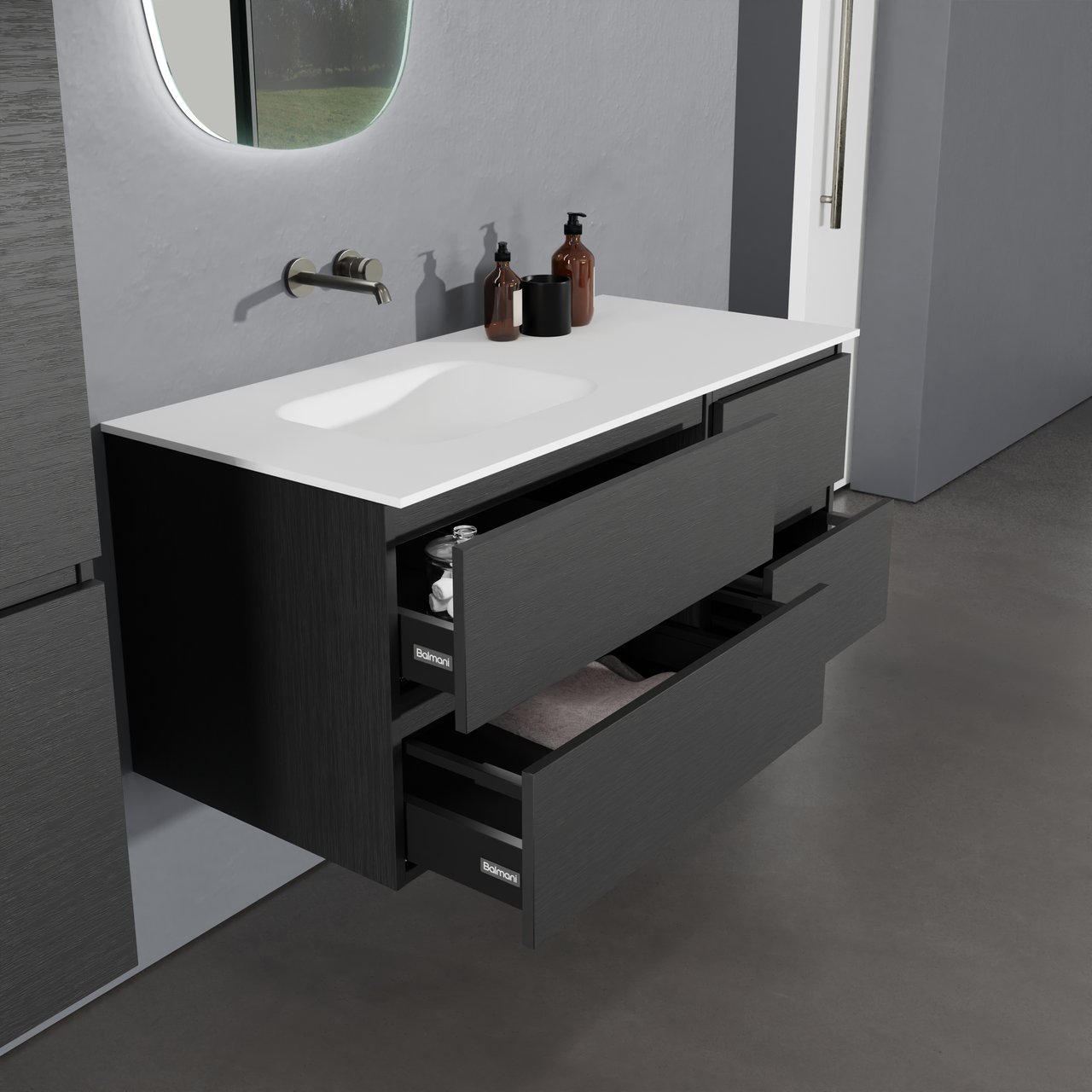 Balmani Lucida hängendes Möbelstück Set: 120 x 55 cm, Schwarze Eiche, mit Tablo Arcato Waschtisch links, Solid Surface Weiß matt