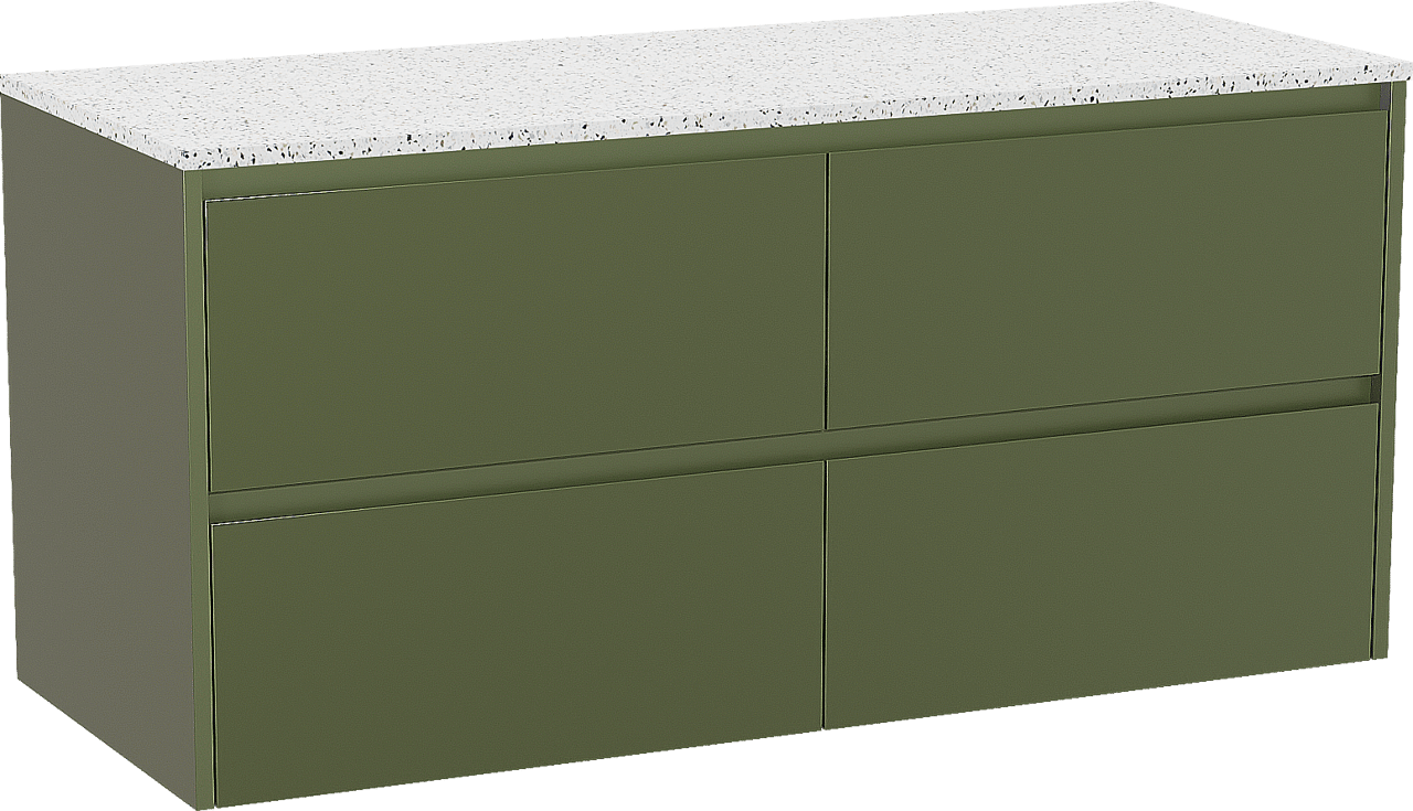 Storke Seda zwevend badmeubel 130 x 52 cm olijfgroen met Tavola enkel of dubbel wastafelblad in mat wit/zwart terrazzo