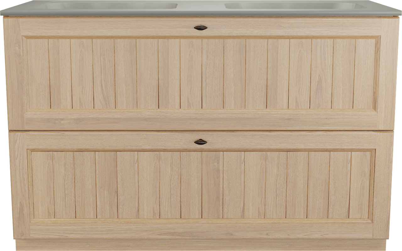 Balmani Lemon staand badkamermeubel 135 x 55 cm, fineer natuur eik met Tablo Strada dubbele wastafel in zijdegrijs