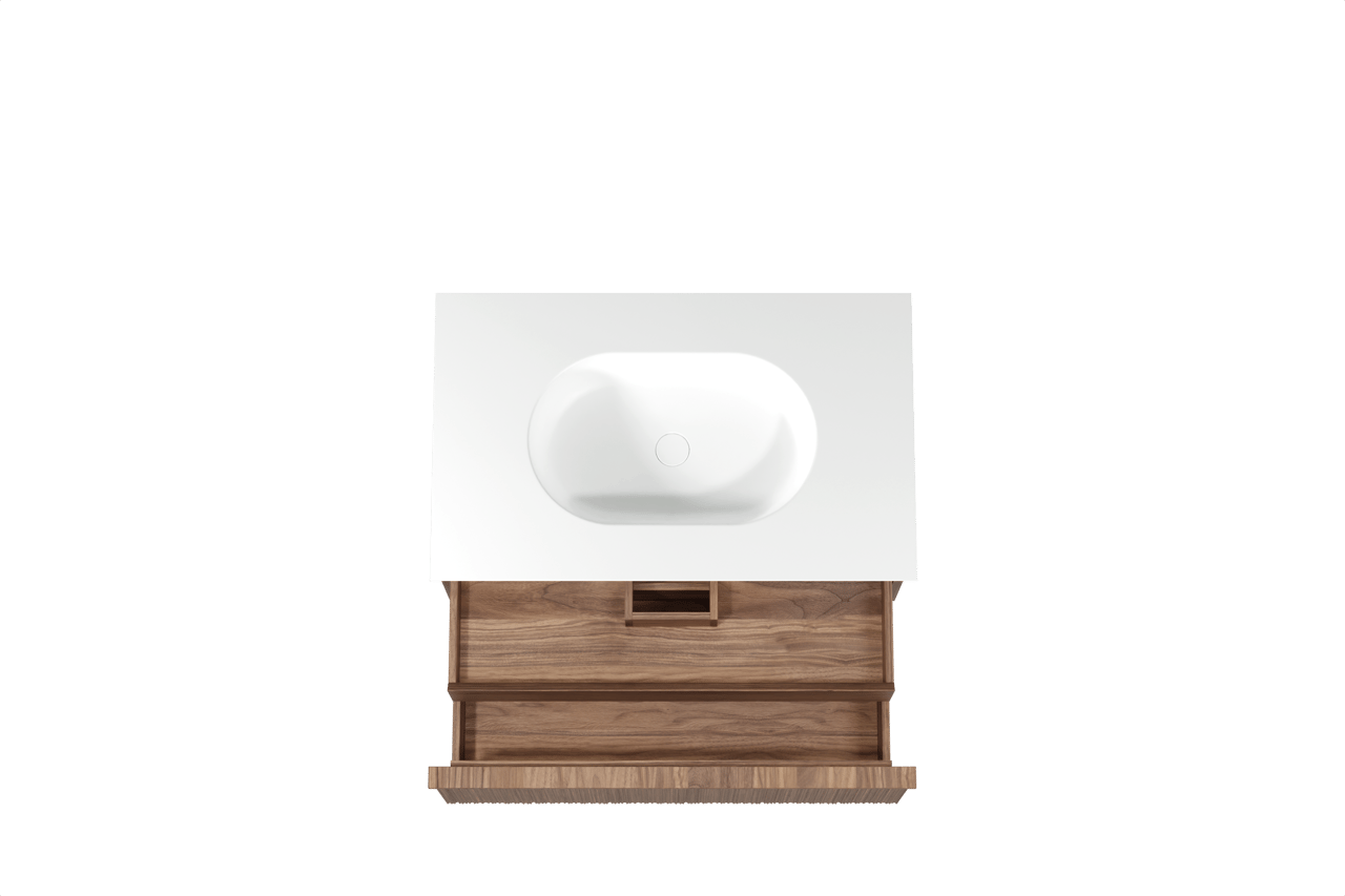 Balmani Forma zwevend badmeubel 90 x 55 cm amerikaans notenhout met Tablo Oval enkele wastafel in solid surface mat wit, Verticale asymmetrische ronde ribbel