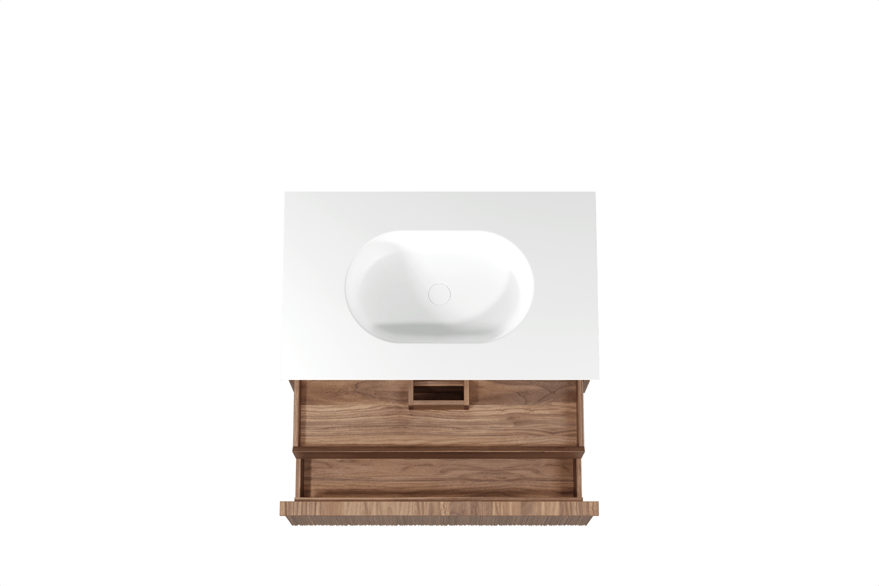 Balmani Forma hängendes Möbelstück Set: 90 x 55 cm, Amerikanischer Nussbaum, mit Tablo Oval Einzelwaschtisch, Solid Surface, Weiß matt, Vertikale asymmetrische Runde Rippe