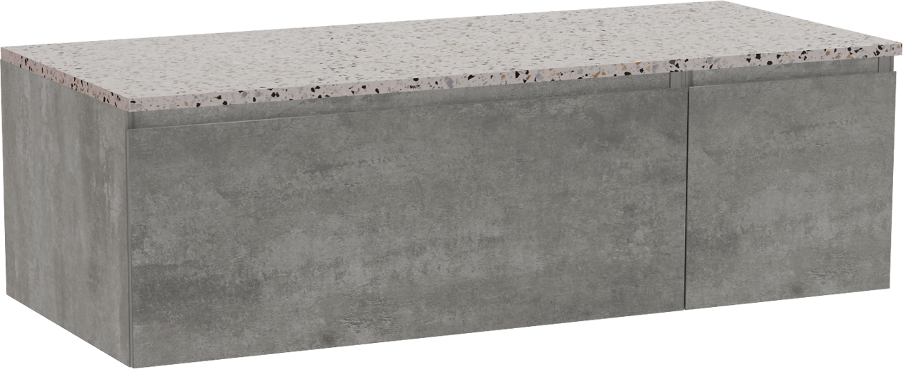 Storke Edge zwevend badkamermeubel 120 x 52 cm beton donkergrijs met Tavola enkel of dubbel tablet in mat wit/zwart terrazzo