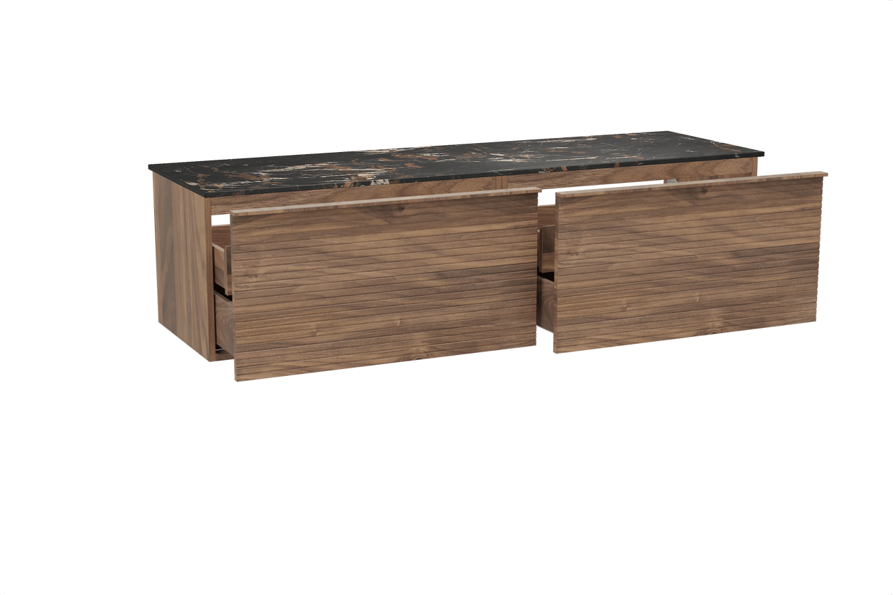 Balmani Forma zwevend badkamermeubel 180 x 55 cm amerikaanse notelaar met Stretto enkel of dubbel tablet in marmer portoro gold, Horizontale symmetrische rechte ribbel