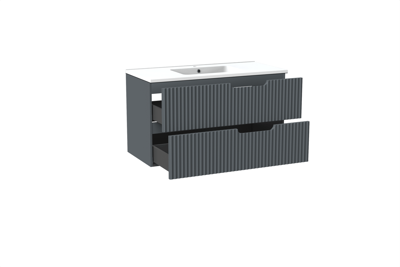 Linie Ribbo meuble salle de bains suspendu 100 x 46 cm bleu anthracite avec Vano plan simple en marbre composite blanc mat, Nervure circulaire symétrique verticale