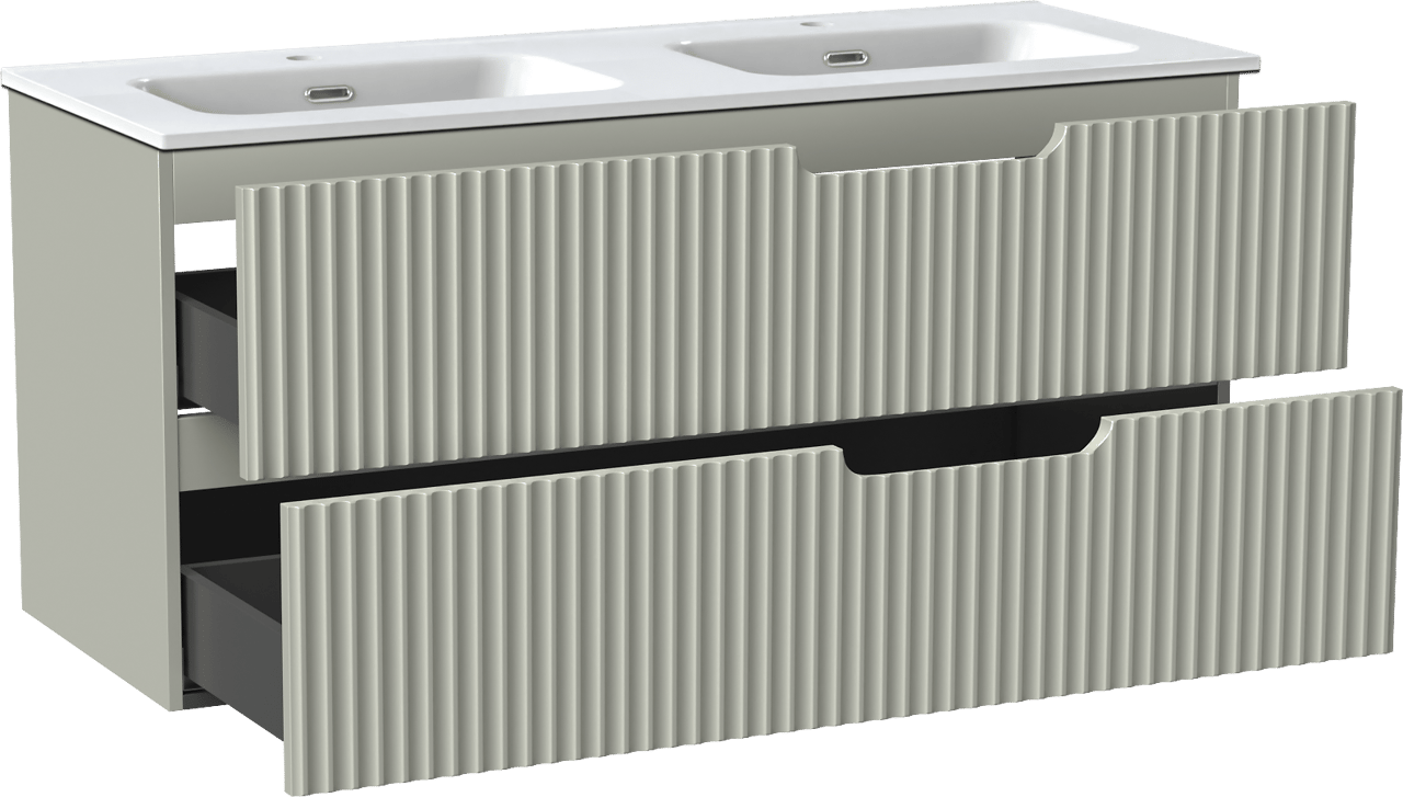 Linie Ribbo zwevend badkamermeubel 120 x 46 cm greige met Baro dubbele wastafel in porselein glanzend wit, Verticale symmetrische ronde ribbel
