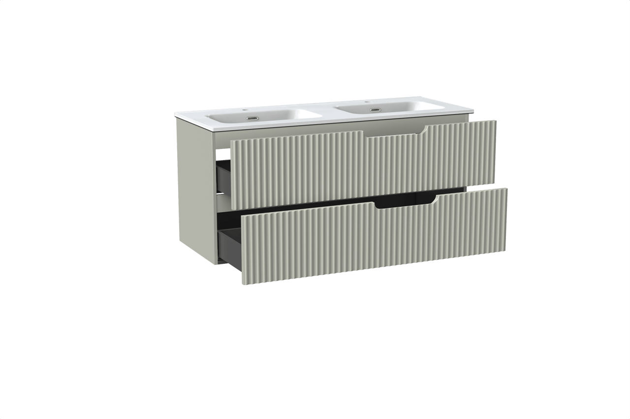 Linie Ribbo hängendes Möbelstück Set: 120 x 46 cm, Greige, mit Baro Doppelwaschtisch, Porzellan, Weiß glänzend, Vertikale symmetrische runde Rippe