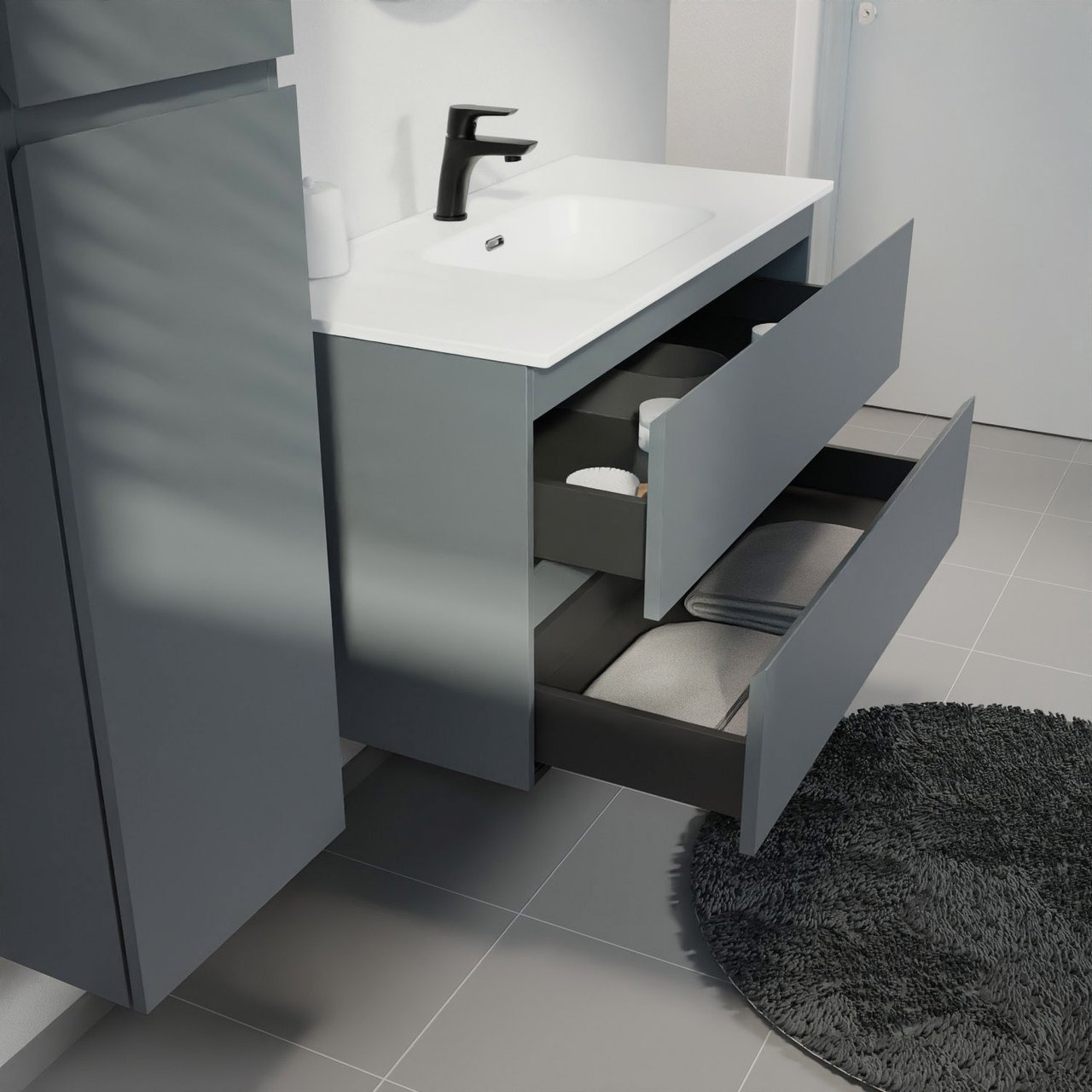 Linie Lado zwevend badkamermeubel 100 x 46 cm blauw antraciet met Baro enkele wastafel in porselein mat wit