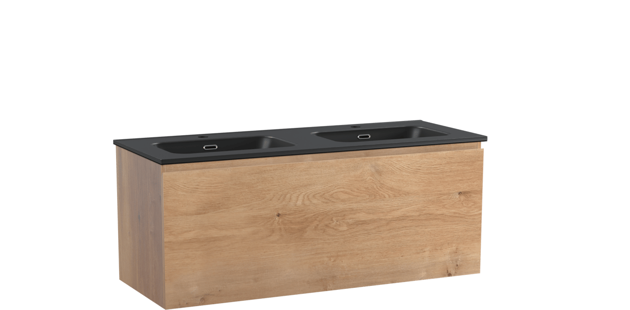 Linie Lado zwevend badkamermeubel 120 x 46 cm natuur eik met Baro dubbele wastafel in porselein mat zwart