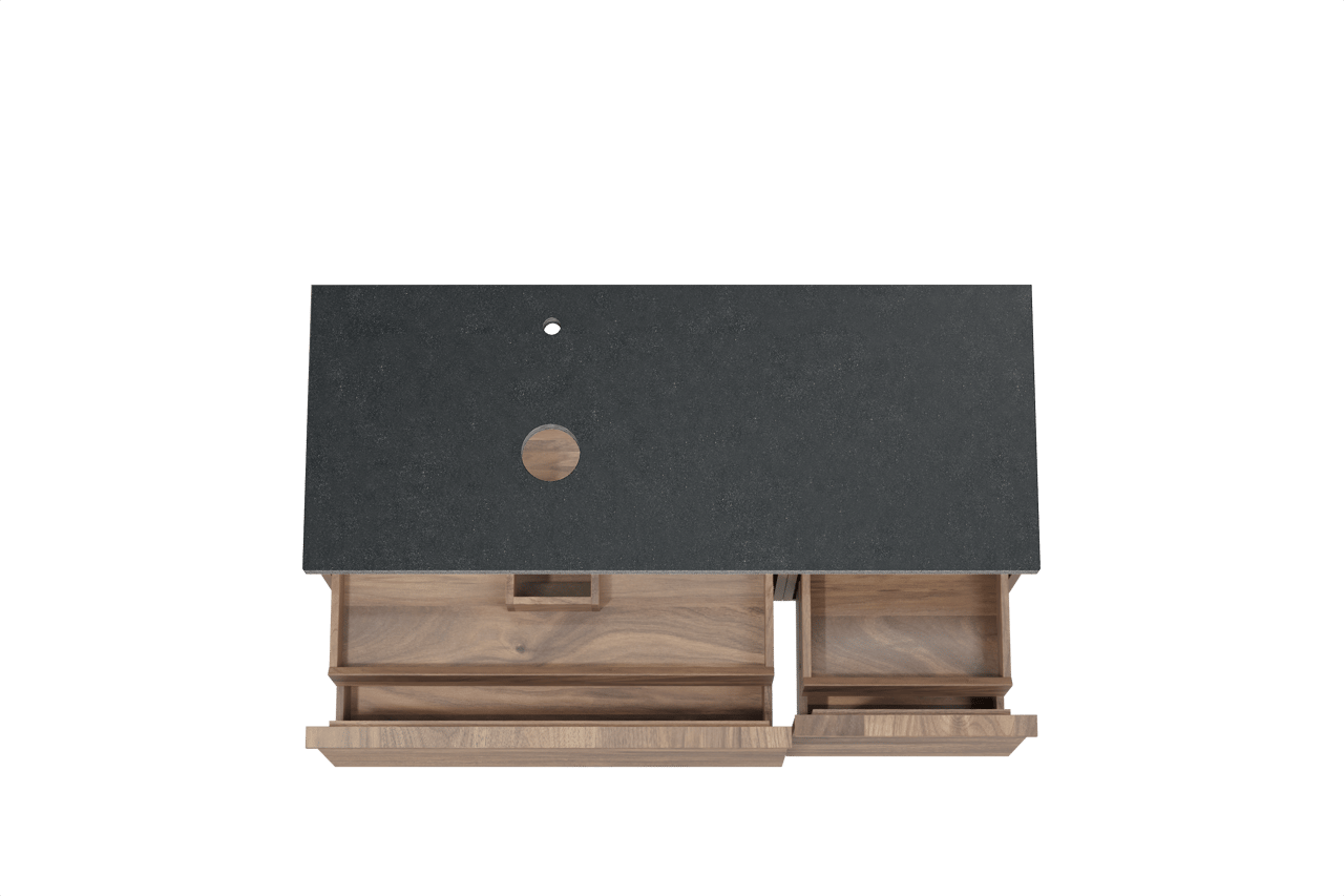 Balmani Forma zwevend badkamermeubel 135 x 55 cm amerikaanse notelaar met Rock asymmetrisch linkse wastafel in graniet zwart, Horizontale symmetrische rechte ribbel