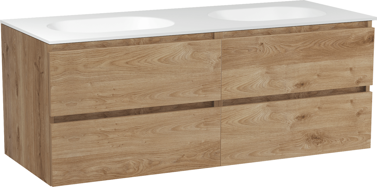 Balmani Lucida zwevend badkamermeubel 135 x 55 cm ruwe eik met Tablo Oval dubbele wastafel in solid surface mat wit