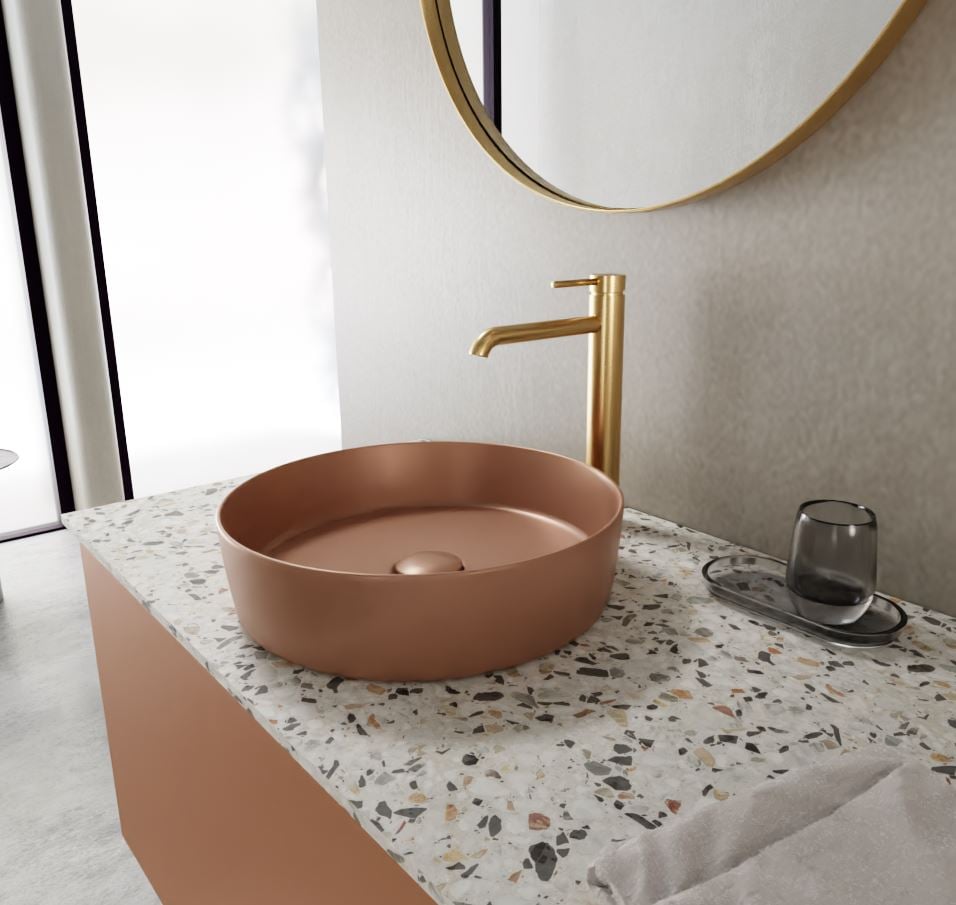 Balmani Fiyi Aufsatzwaschbecken: Matt Cotto Solid Surface, rund, Ø 39 cm