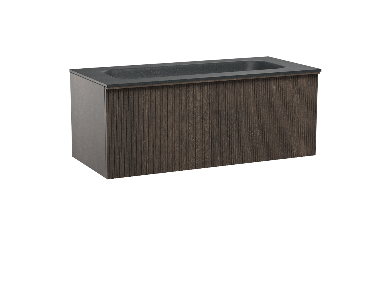 Balmani Forma hängendes Möbelstück Set: 120 x 55 cm, Geräucherte Eiche, mit Tablo Arcato Einzelwaschtisch für 2 Armaturenlöcher, Granit, Schwarzes Granit, Vertikale symmetrische gerade Rippe