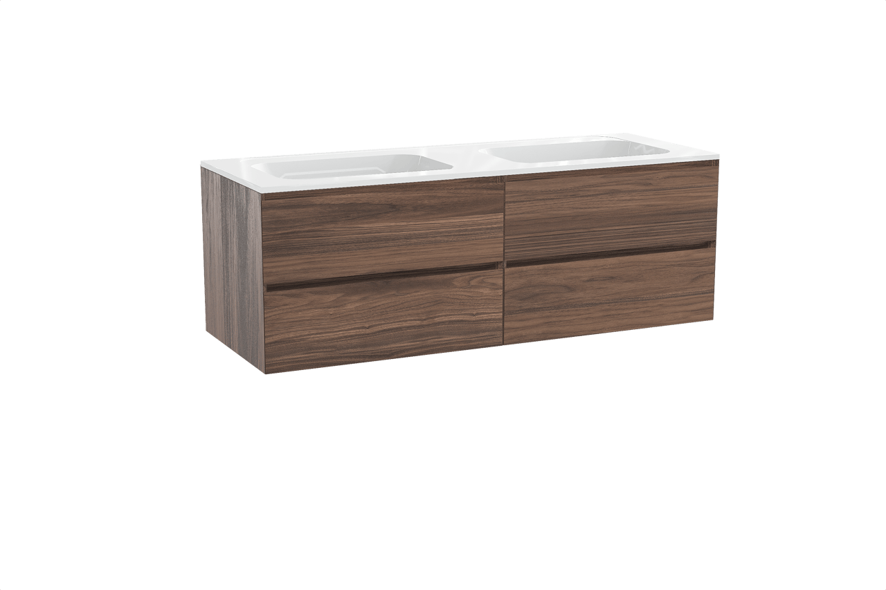 Balmani Mitra hängendes Möbelstück Set: 150 x 55 cm, Nussbaum, mit Tablo Strada Doppelwaschtisch, Marmorkomposit Weiß glänzend