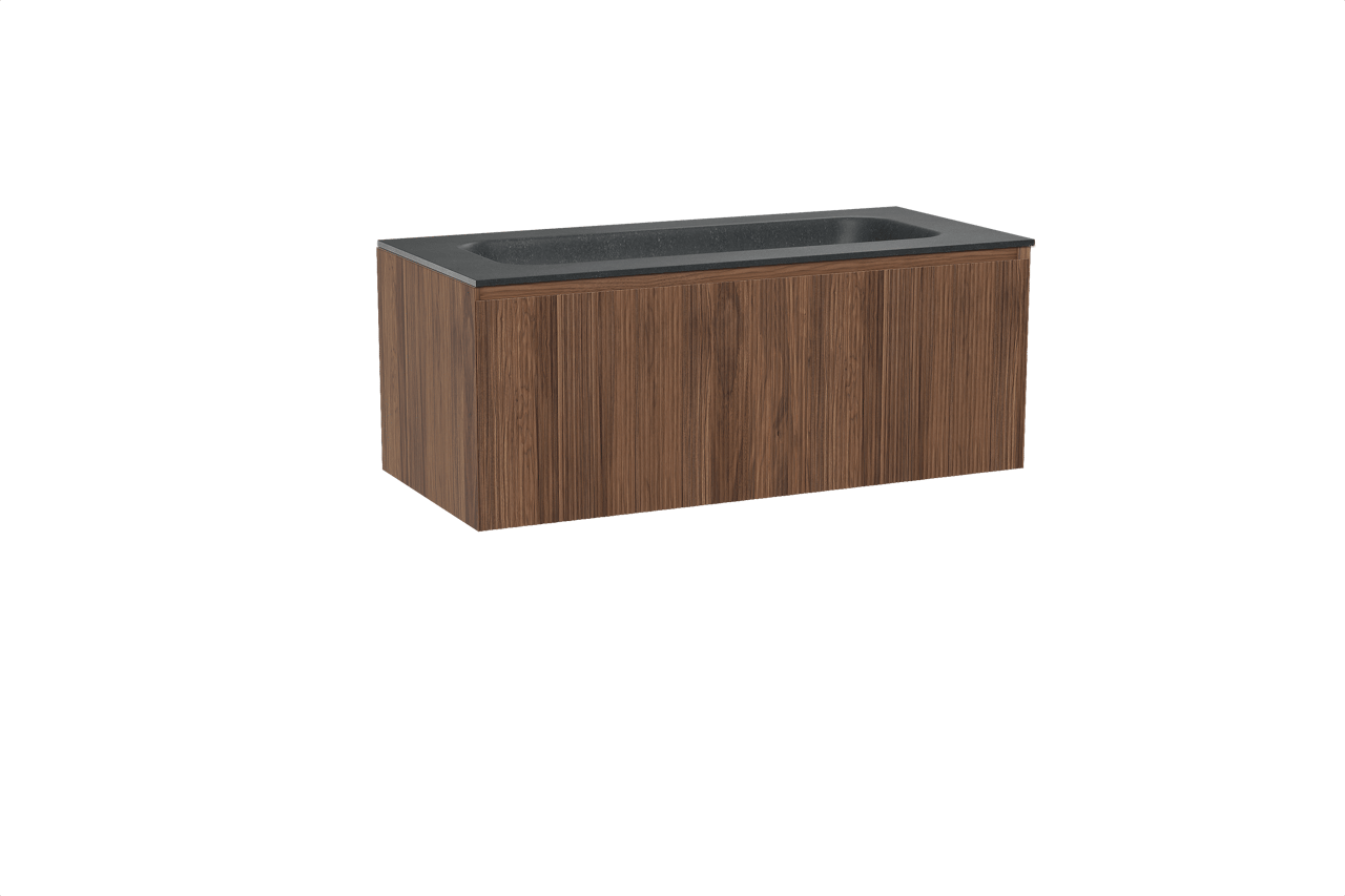 Balmani Fila zwevend badkamermeubel 120 x 55 cm notelaar met Tablo Arcato enkele wastafel voor 2 kraangaten in graniet zwart, Verticale symmetrische rechte ribbel