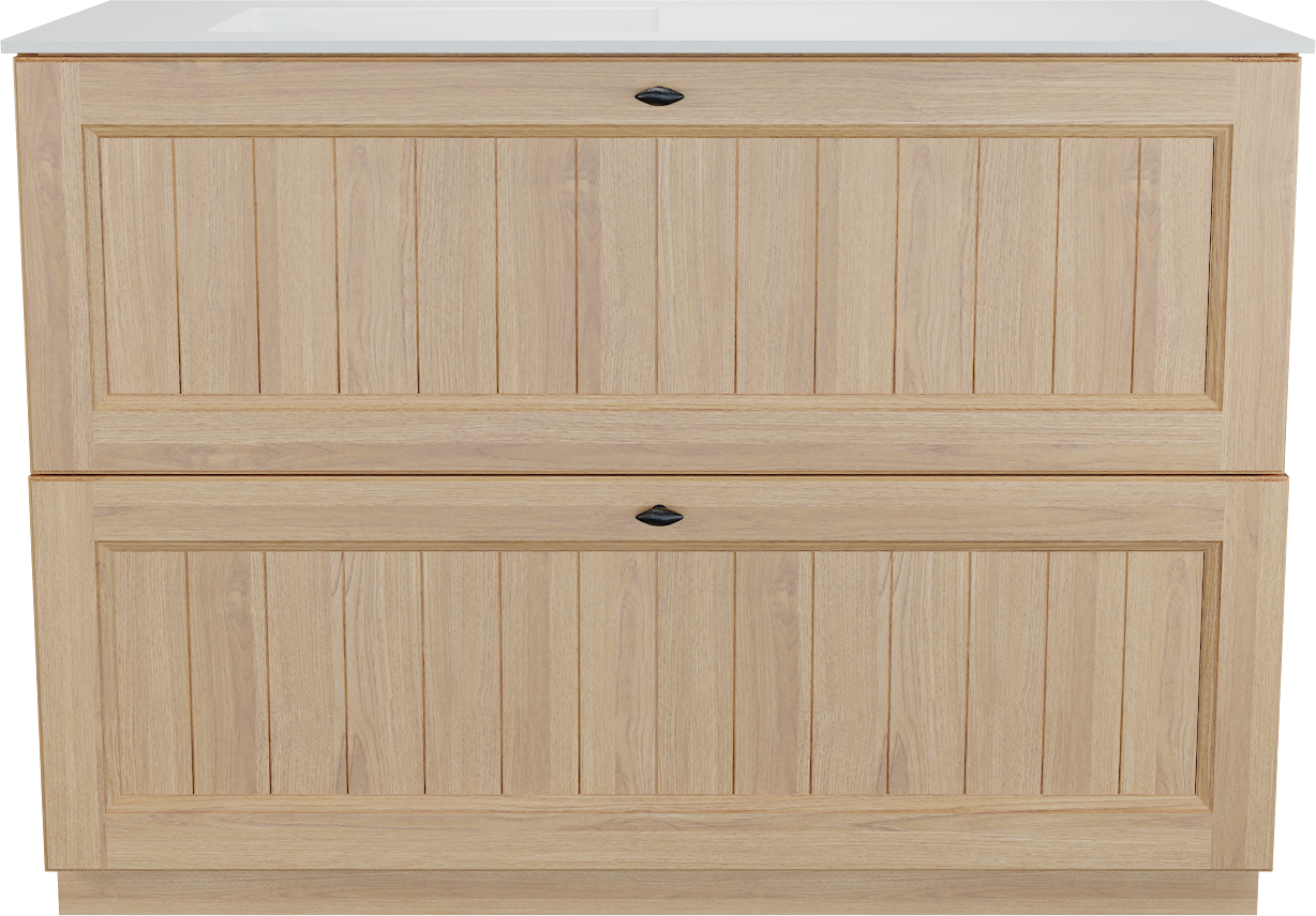 Balmani Lemon staand badkamermeubel 120 x 55 cm, fineer natuur eik met Tablo Stretto asymmetrisch linkse wastafel in mat wit