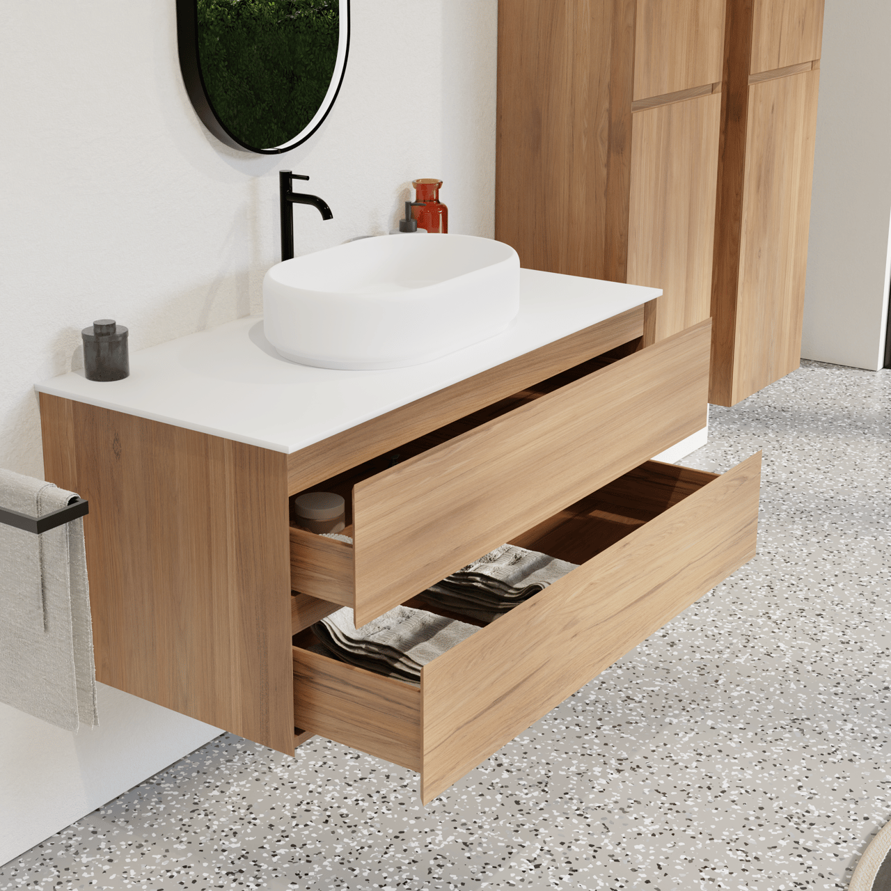 Balmani Mitra zwevend badkamermeubel 120 x 55 cm teak met Stretto enkel of dubbel tablet in solid surface mat wit