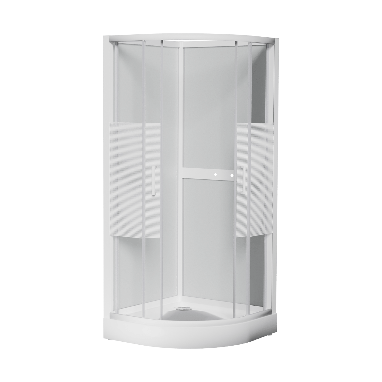 Luca Varess Talan kwartronde complete douchecabine met schuifdeuren 90 x 90 cm helder glas met mat gestreepte strook glans wit profiel
