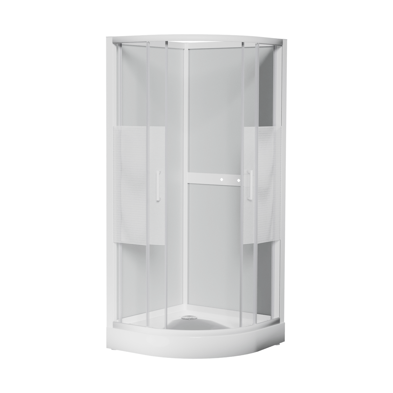 Luca Varess Talan viertelkreisförmige Duschkabine: Schiebetür, 90 x 90 cm, Klarglas mit gestreiftem matten Band, Weißes Profil, glänzend