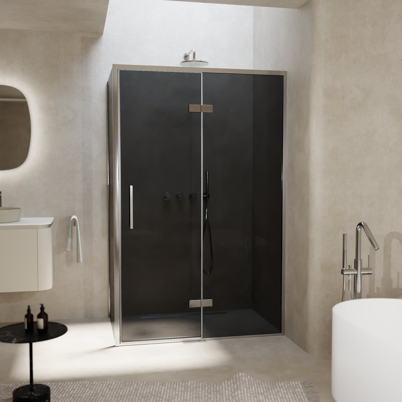 Balmani Senses Design douche d'angle avec porte pivotante à droite et paroi latérale fixe, 120 x 90 cm, Verre fumé, Profil chrome