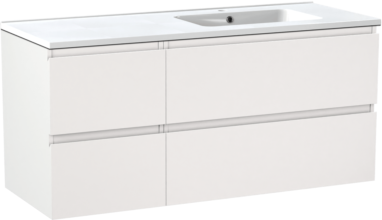 Linie Lado hängendes Möbelstück Set: 120 x 46 cm, Weiß matt, mit Vano Waschtisch rechts, Marmorkomposit Weiß glänzend