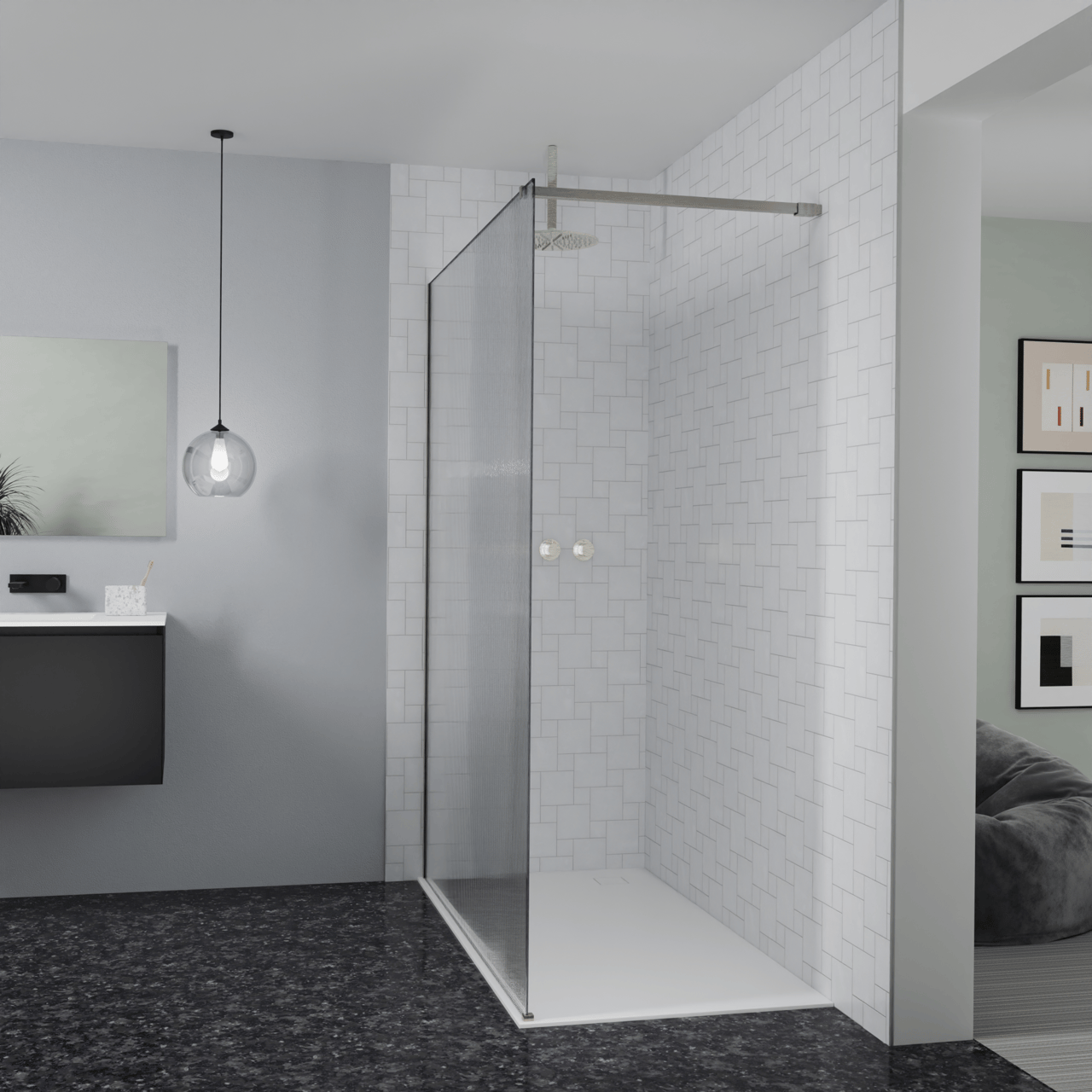 Balmani Modular Walk-In Dusche: 160 x 200 cm, Ribs, inklusive Coating, Profil Brushed CoolMetal