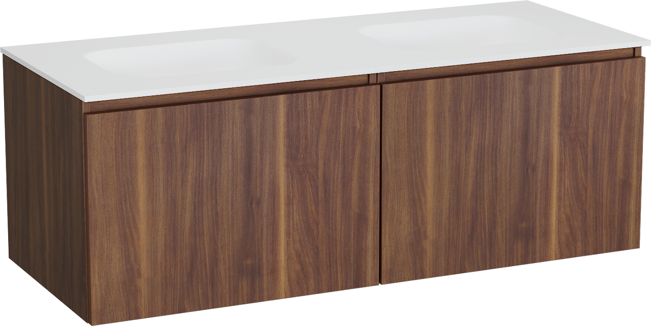 Balmani Sfera hängendes Möbelstück Set: 135 x 55 cm, Amerikanischer Nussbaum, mit Tablo Arcato Doppelwaschtisch, Solid Surface Weiß matt