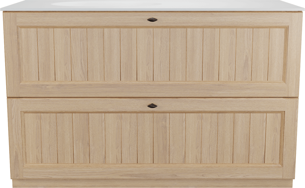 Balmani Lemon freistehendes Möbelstück Set: 135 x 55 cm, Naturbelassene Eiche Furnier, mit Tablo Oval Waschtisch links, Weiß matt