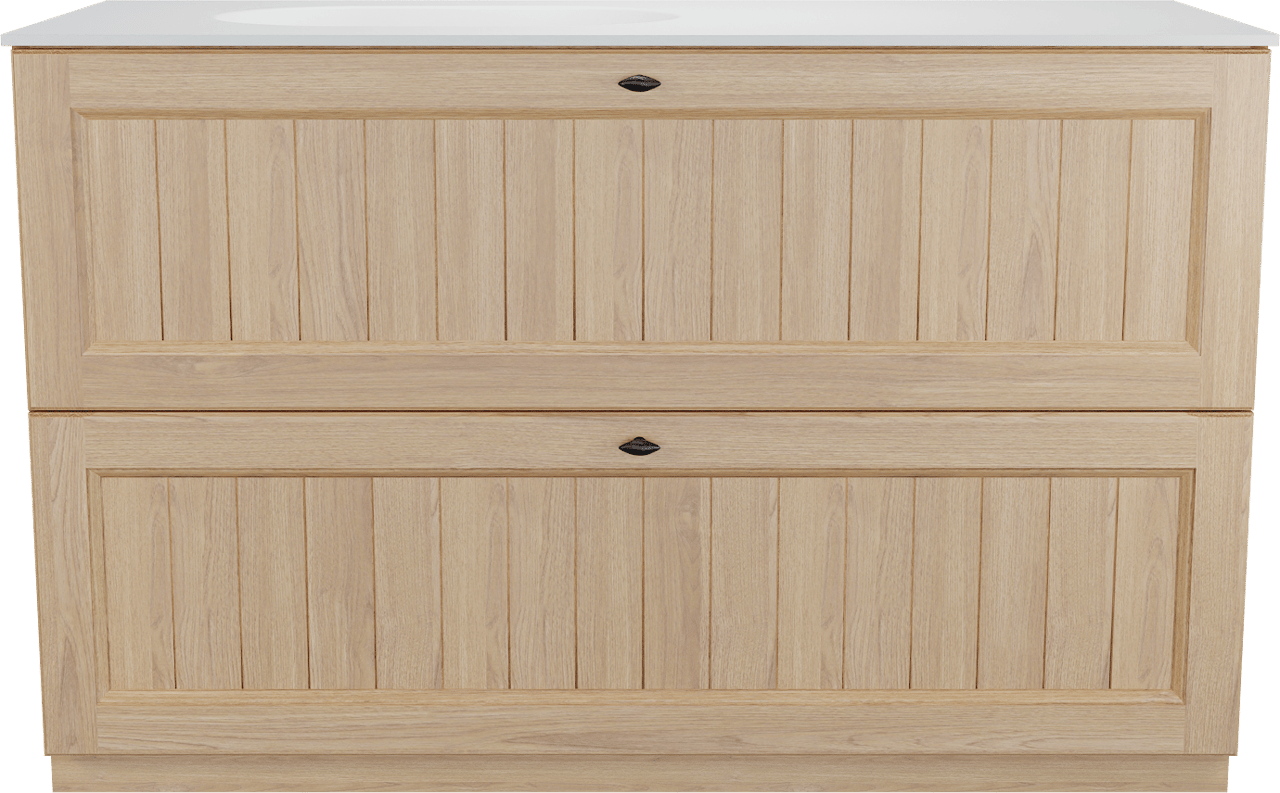 Balmani Lemon staand badkamermeubel 135 x 55 cm, fineer natuur eik met Tablo Oval asymmetrisch linkse wastafel in mat wit