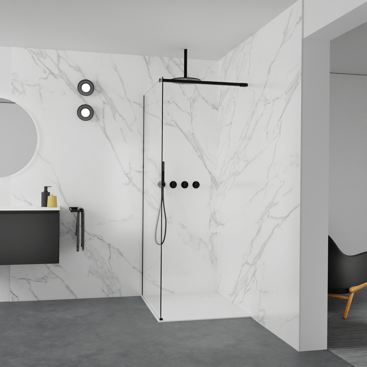 Balmani Modular douche à l'italienne: 100 x 200 cm, Verre transparent, avec coating, Profil Noir mat