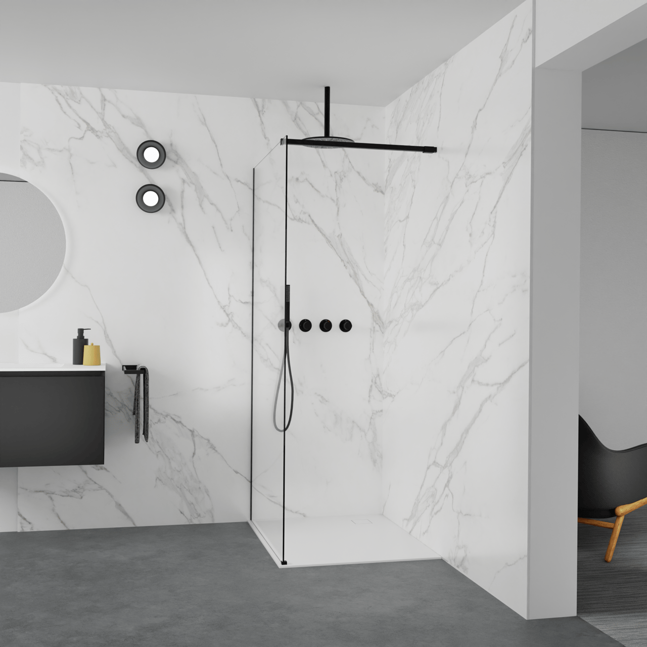 Balmani Modular douche à l'italienne: 100 x 200 cm, Verre transparent, avec coating, Profil Noir mat