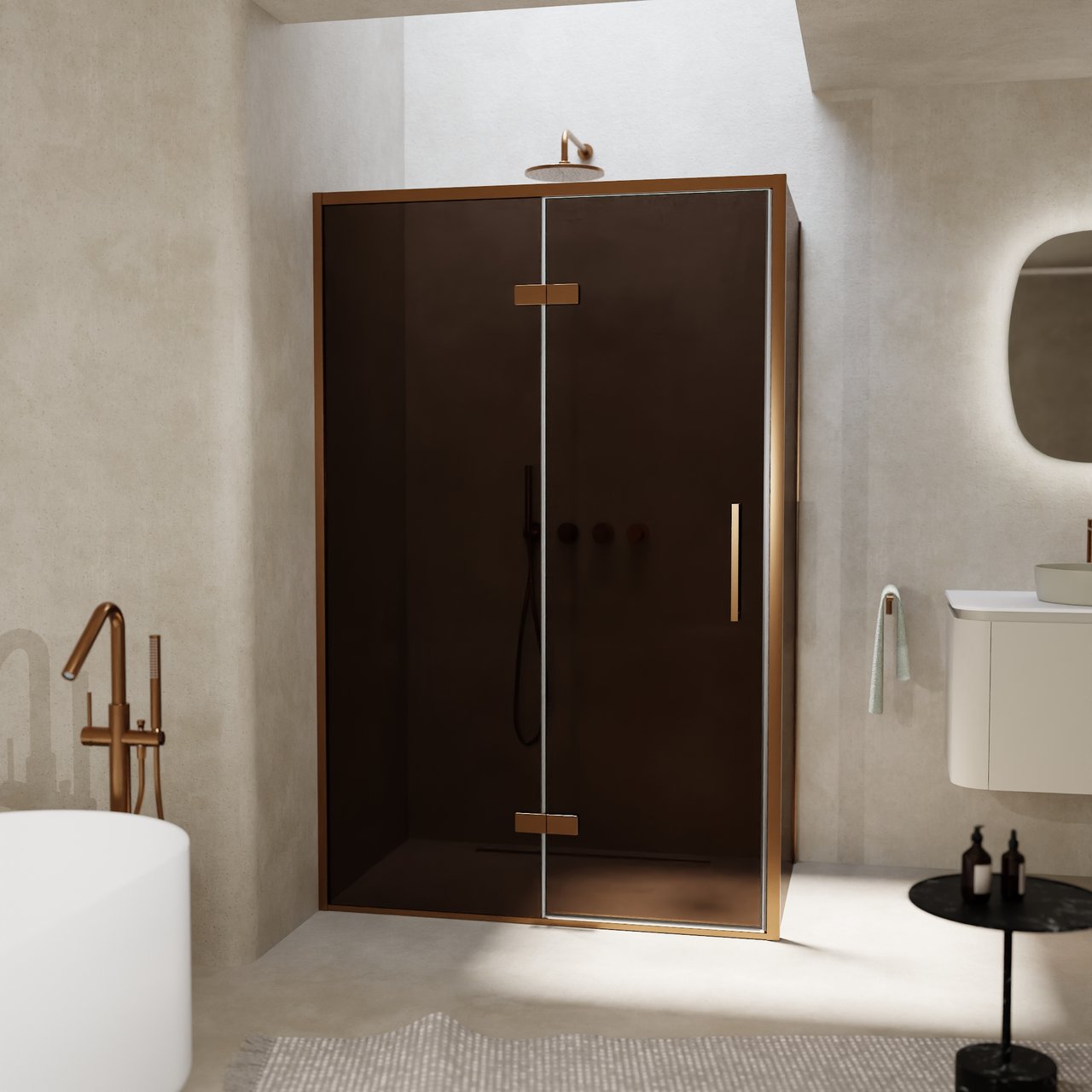 Balmani Senses Design Eckdusche: Drehtür (Links) mit fixierte Seitenwand, 120 x 100 cm, Bronze, Profil Brushed Rosegold
