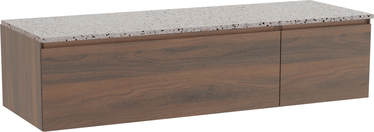 Storke Edge meuble salle de bains suspendu 150 x 52 cm noyer avec Tavola tablette simple ou double en blanc/noir mat terrazzo