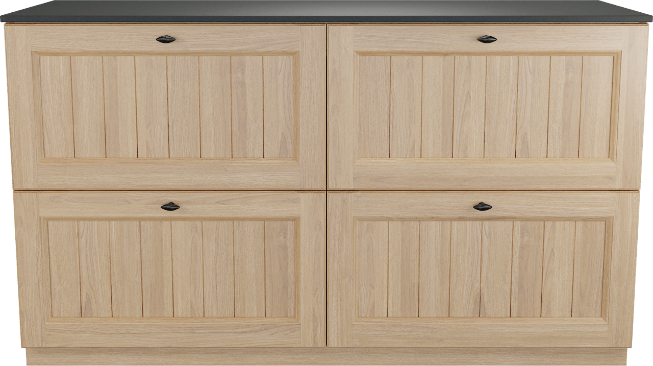 Balmani Lemon freistehendes Möbelstück Set: 150 x 55 cm, Naturbelassene Eiche Furnier, mit Stretto Einzel- oder Doppel Waschtischplatte, Schwarzes Granit