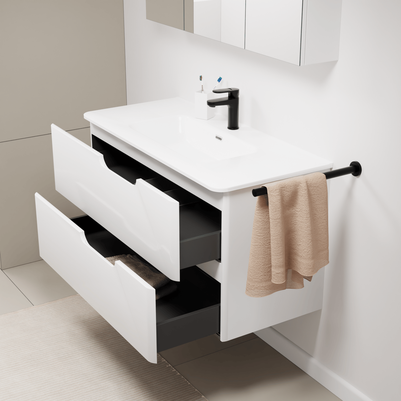Linie Curvo meuble salle de bains suspendu 100 x 46 cm blanc brillant avec Baro Curvo plan simple en porcelaine blanc brillant