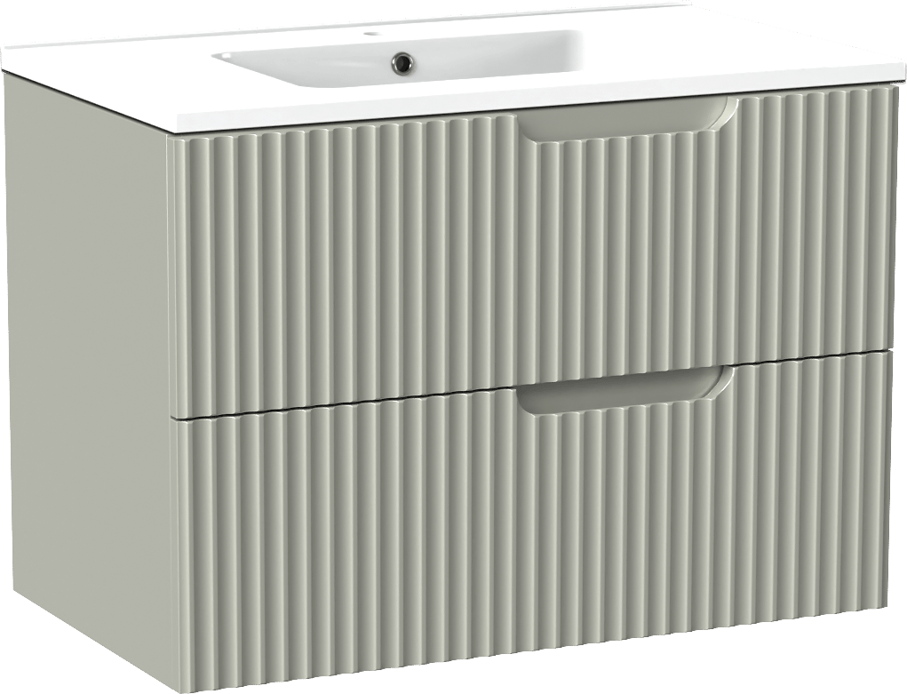 Linie Ribbo zwevend badmeubel 80 x 46 cm greige met Vano enkele wastafel in composietmarmer hoogglans wit, Verticale symmetrische ronde ribbel