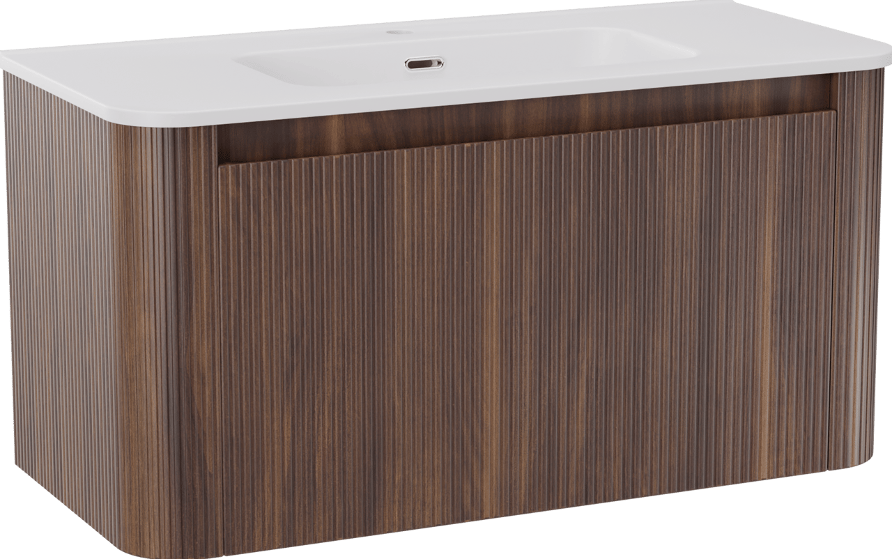 Storke Soft hängendes Möbelstück Set: 100 x 46 cm, Nussbaum, mit Kera Soft Einzelwaschtisch Keramik Weiβ matt, Vertikale symmetrische gerade Rippe