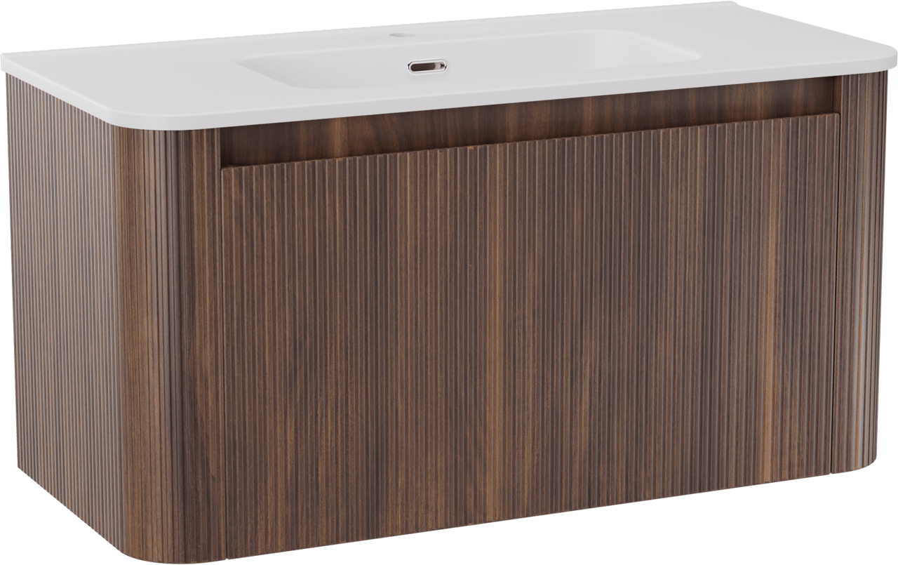 Storke Soft hängendes Möbelstück Set: 100 x 46 cm, Nussbaum, mit Kera Soft Einzelwaschtisch Keramik Weiβ matt, Vertikale symmetrische gerade Rippe