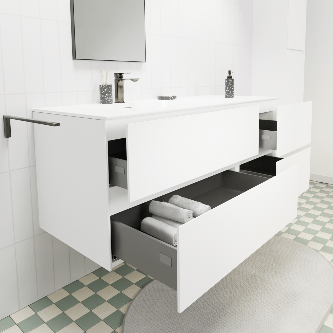 Storke Edge meuble salle de bains suspendu 130 x 52 cm blanc mat avec Mata plan vasque asymétrique à gauche en solid surface blanc mat