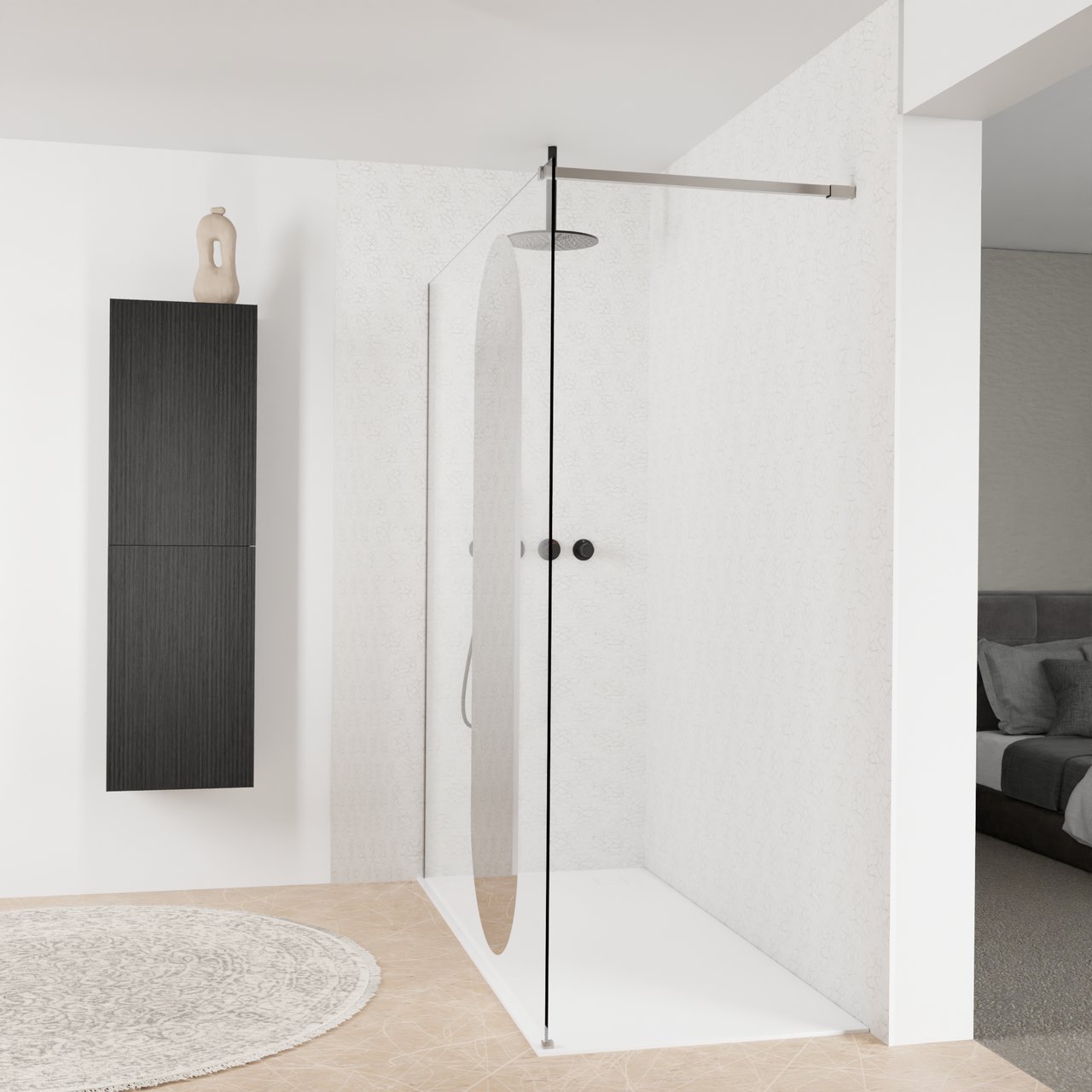 Balmani Modular Walk-In Dusche: 180 x 200 cm, Reflex-Spiegelglas Oval, Profil Brushed Inox