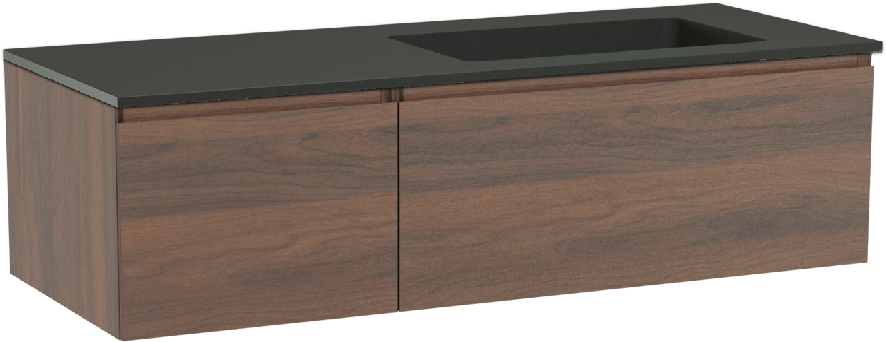 Storke Edge zwevend badkamermeubel 130 x 52 cm notelaar met Scuro asymmetrisch rechtse wastafel in kwarts mat zwart