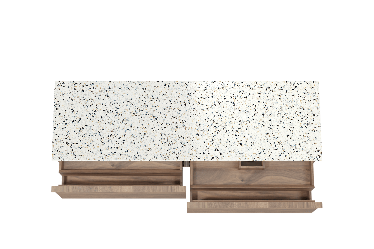 Balmani Forma zwevend badkamermeubel 180 x 55 cm amerikaanse notelaar met Stretto enkel of dubbel tablet in mat wit/zwart terrazzo, Horizontale symmetrische rechte ribbel