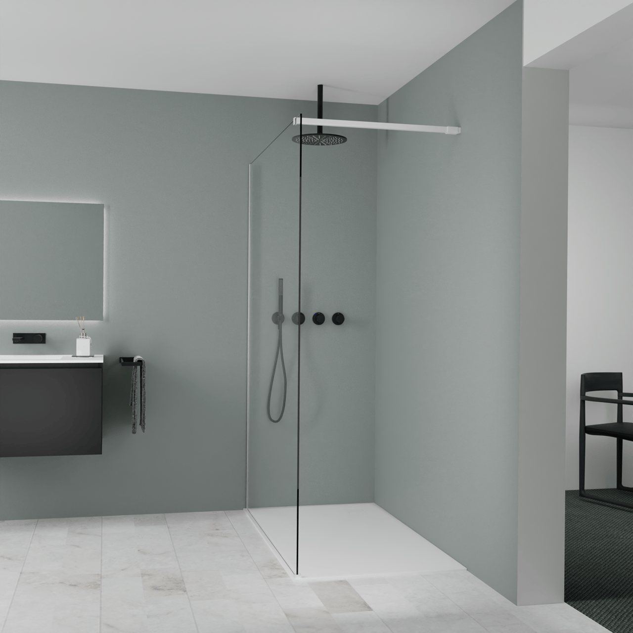 Balmani Modular Walk-In Dusche: 140 x 200 cm, Klarglas, inklusive Coating, Profil Weiß matt