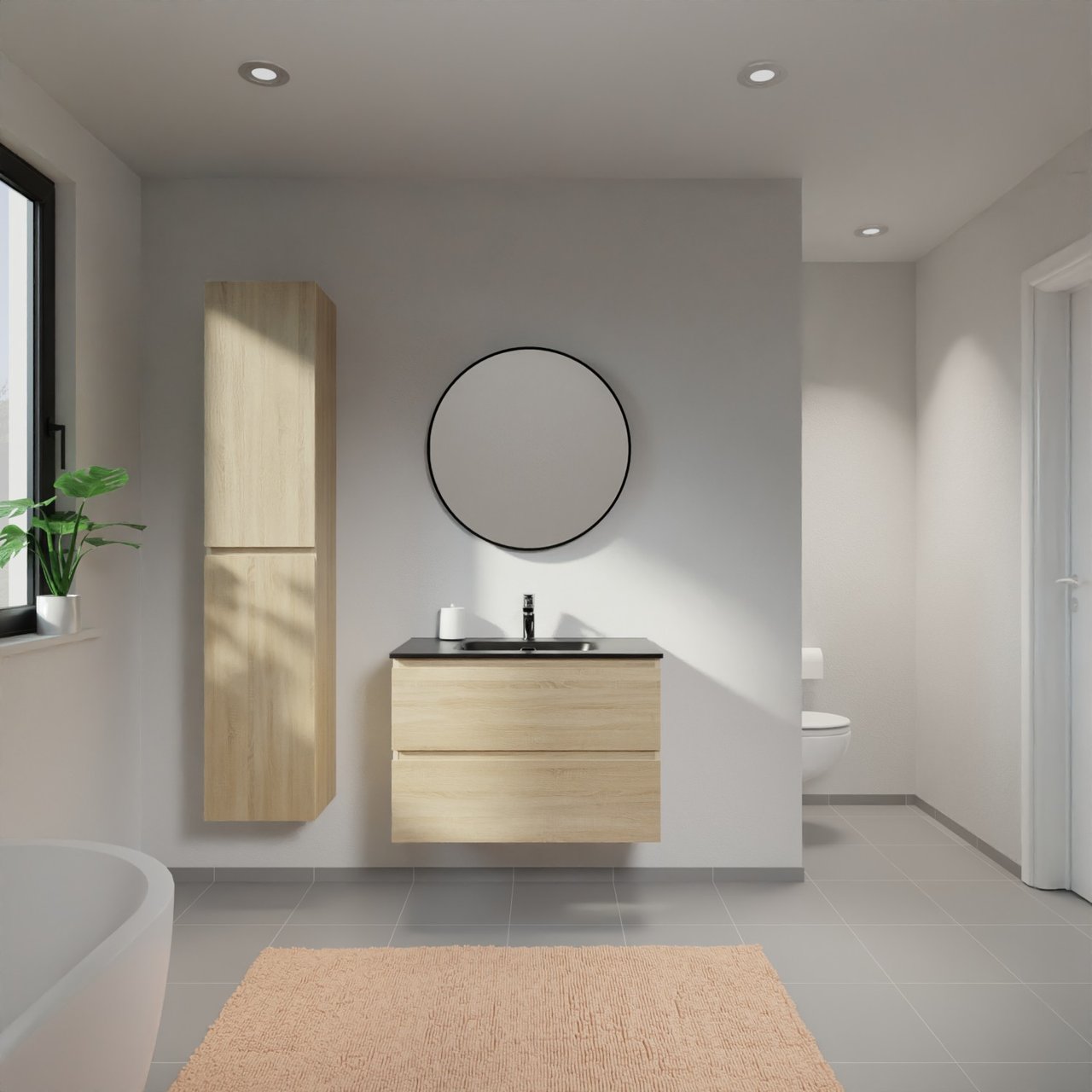 Linie Lado hängendes Möbelstück Set: 80 x 46 cm, Weiße Eiche, mit Baro Einzelwaschtisch, Porzellan Schwarz matt