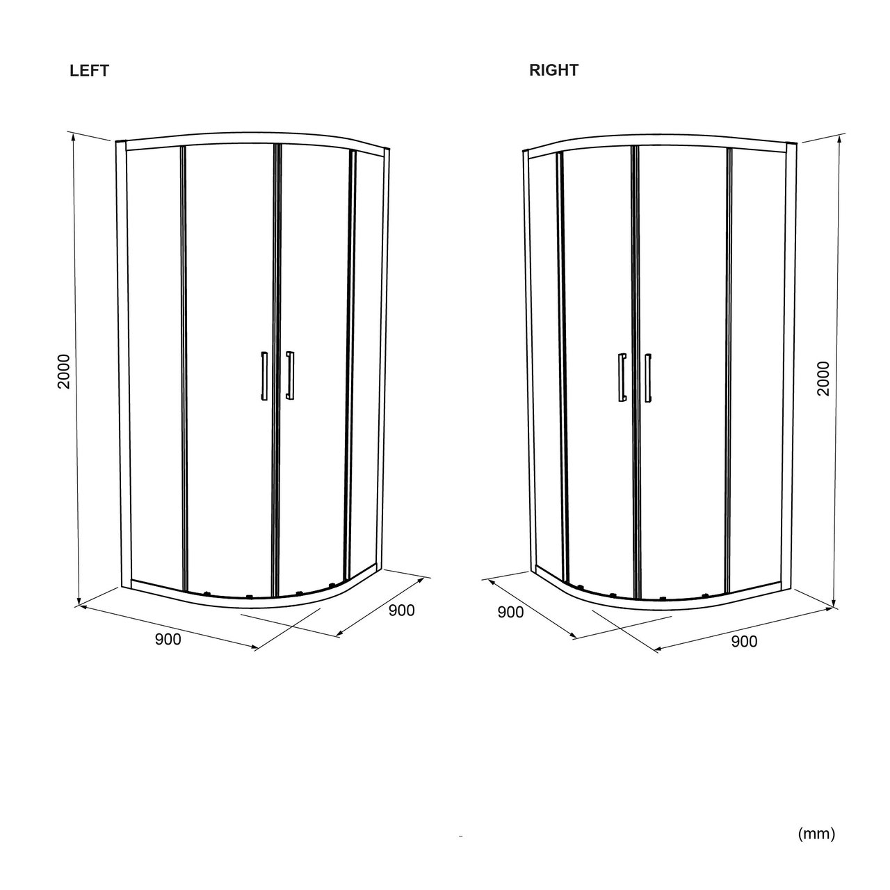 Luca Varess Talan viertelkreisförmige Duschkabine: Schiebetür, 90 x 90 cm, Klarglas mit gestreiftem matten Band, Weißes Profil, glänzend