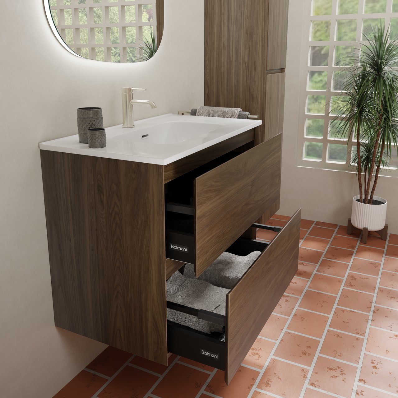 Balmani Mitra Compact hängendes Möbelstück Set: 80 x 46 cm, Amerikanischer Nussbaum, mit Nostra Einzelwaschtisch Keramik Weiβ glänzend