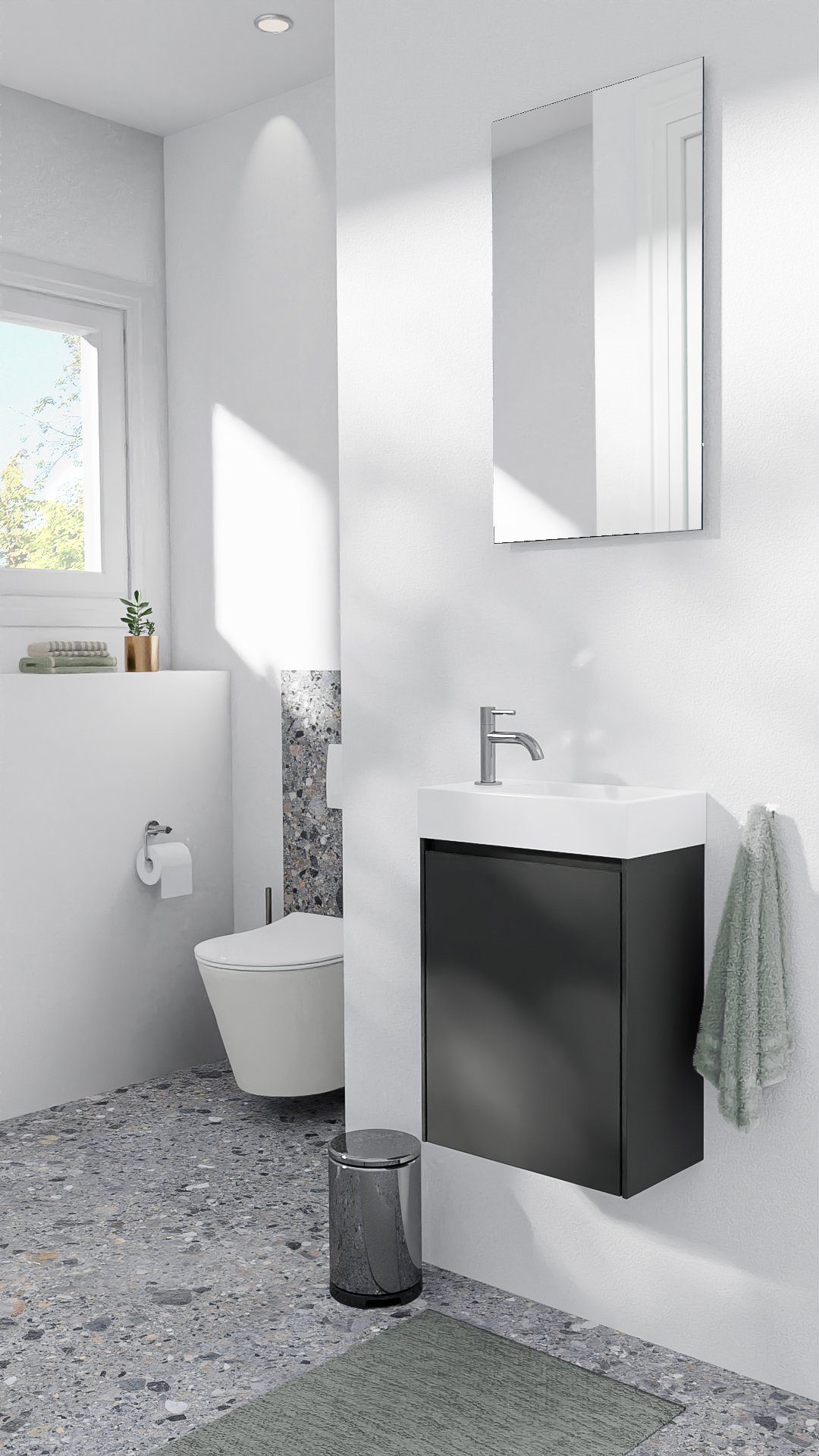 Storke Edge zwevend toiletmeubel 40 x 22 cm mat zwart met Vida wastafel in glanzend composiet marmer