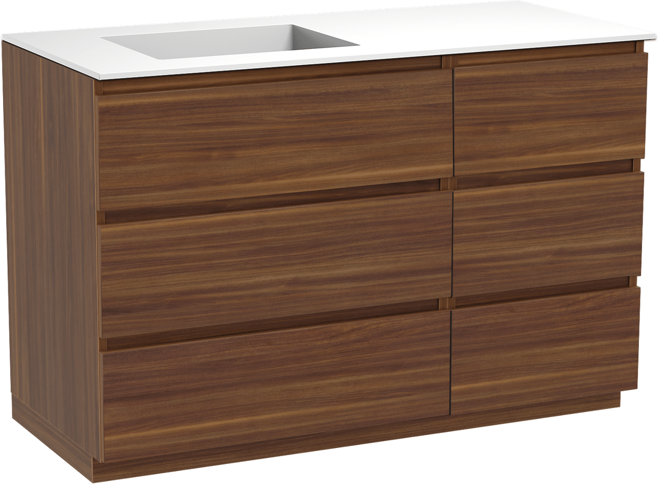 Balmani Lucida freistehendes Möbelstück Set: 120 x 55 cm, Amerikanischer Nussbaum, mit Tablo Stretto Waschtisch links, Solid Surface Weiß matt