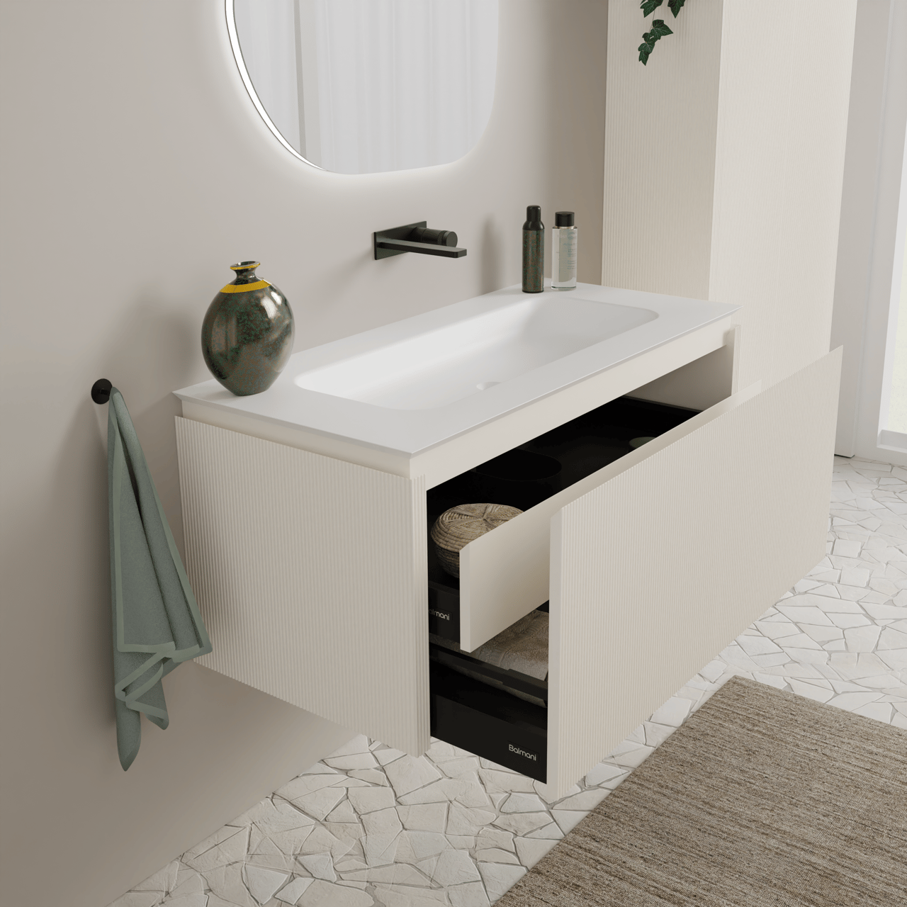 Balmani Eclips meuble salle de bains suspendu 120 x 55 cm Sandbeige avec Eclips plan simple en Solid Surface blanc mat, Nervure droite symétrique verticale