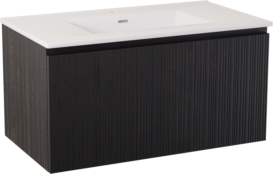 Storke Ribs hängendes Möbelstück Set: 95 x 52 cm, Schwarze Eiche, mit Kera Einzelwaschtisch, Keramik Weiß glänzend, inklusive Ablaufventil
